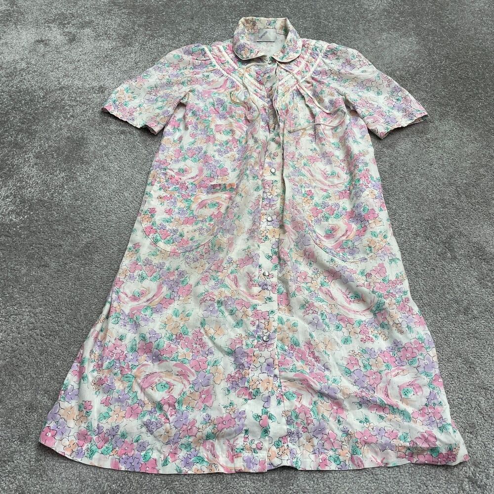 Hampton House Vintage Sleep Dress Womens Medium Multi Floral Nightgown Snap
